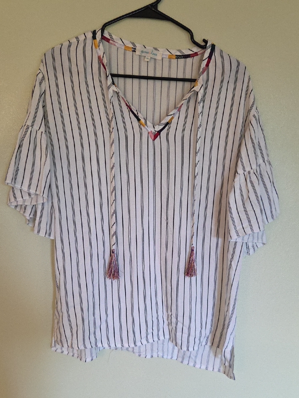 Grace & Lace black white vertical stripes, flutter sleeves, and tassel ties. XS